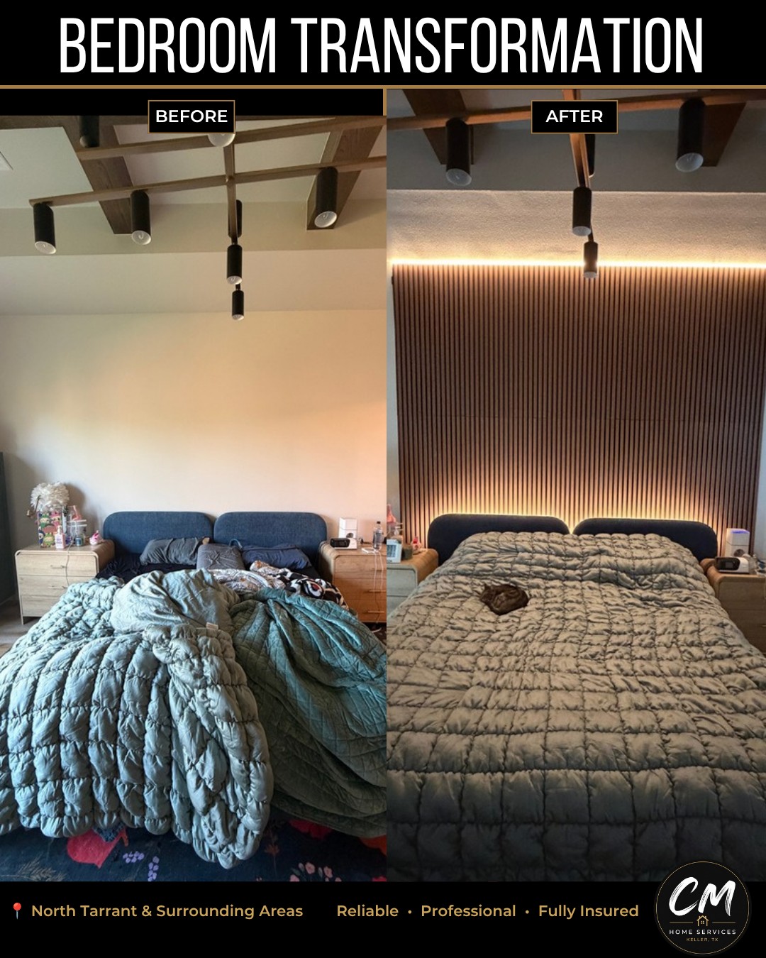 Bedroom transformation before and after with a lit slat accent wall