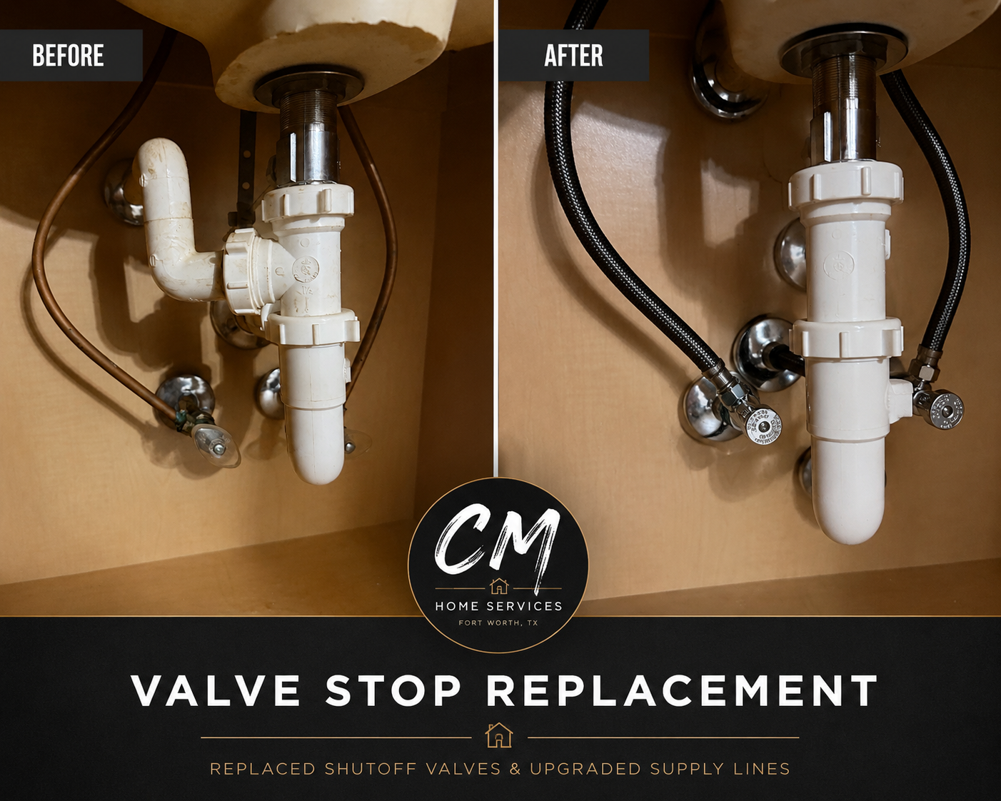 Replaced shutoff valves and upgraded supply lines under the sink.