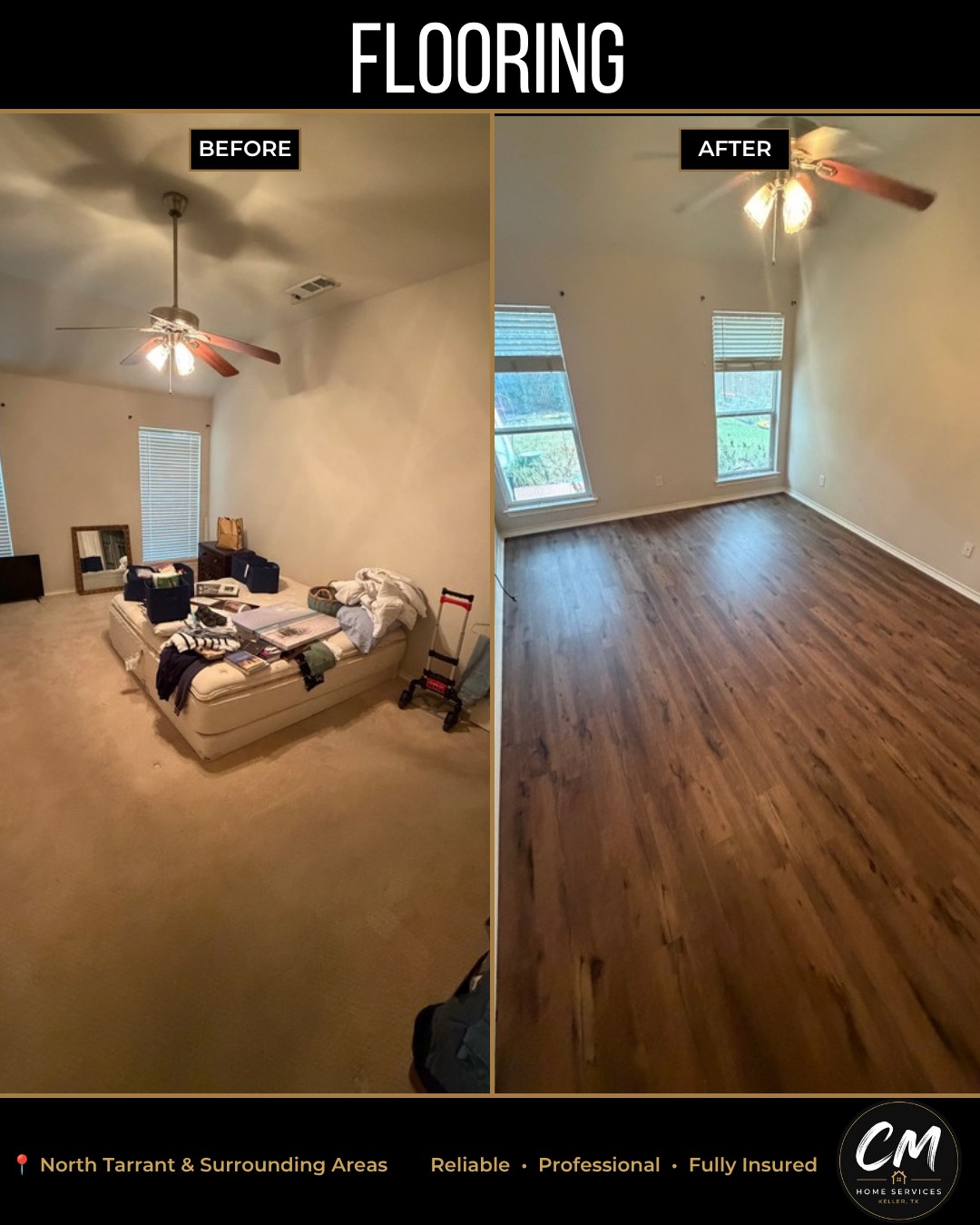 Bedroom flooring before and after