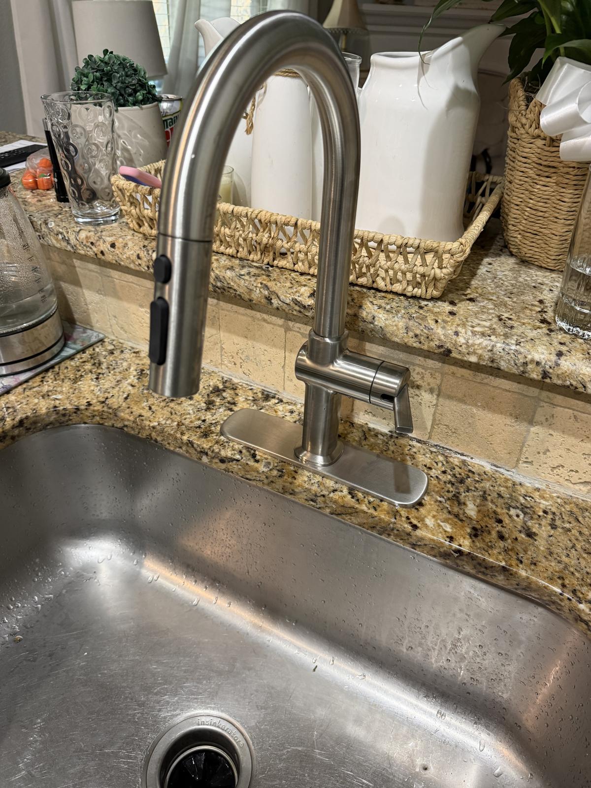 Brushed nickel kitchen faucet installed