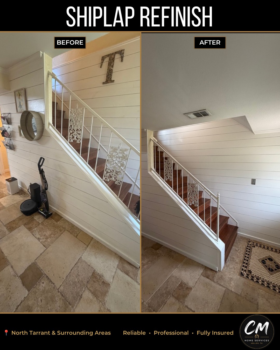 Shiplap refinish before and after on a stairway wall