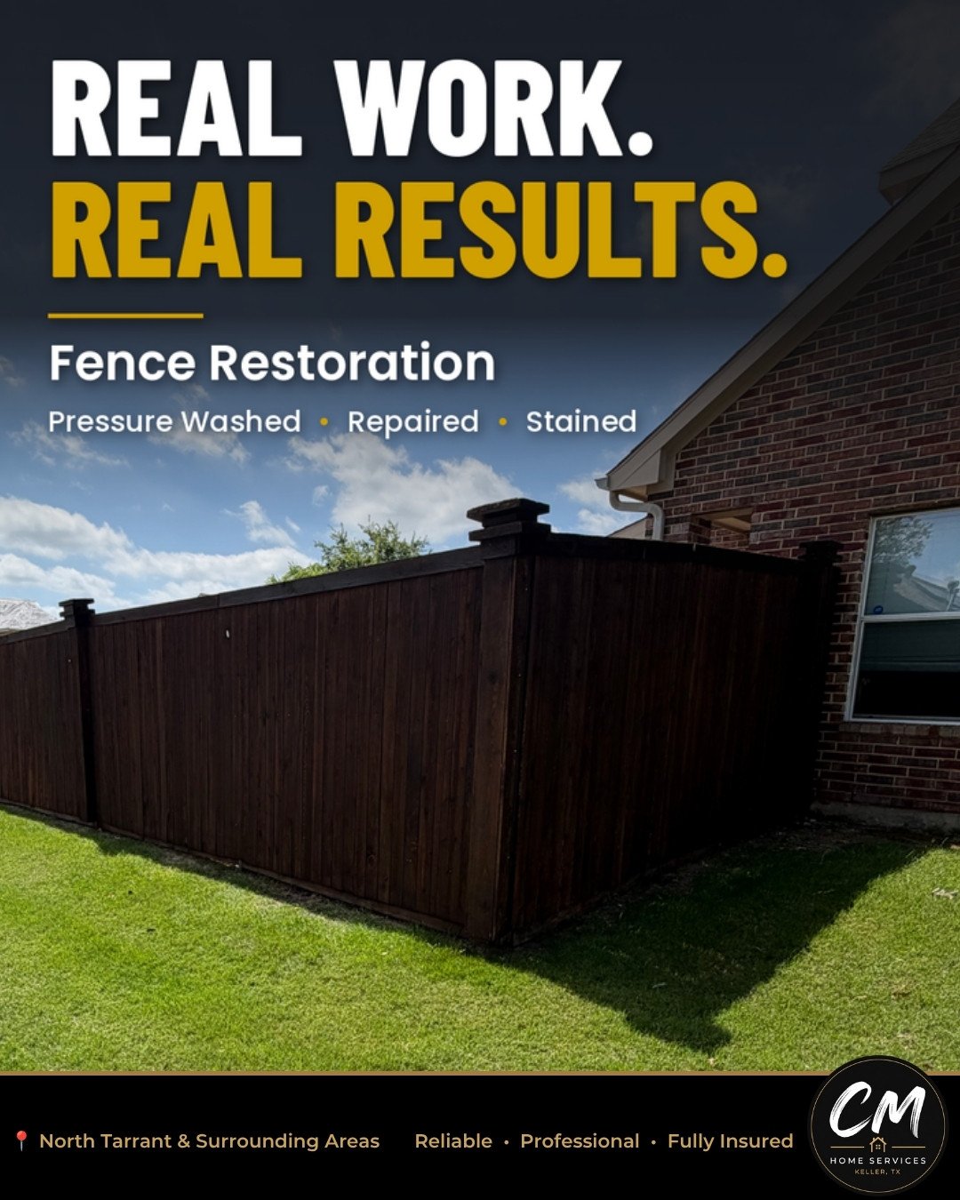 Stained wood fence after restoration: pressure washed, repaired and stained