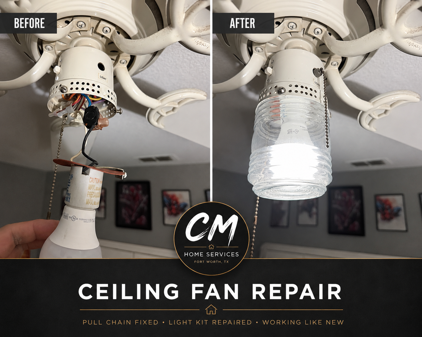 Pull chain fixed and light kit repaired — working like new again.