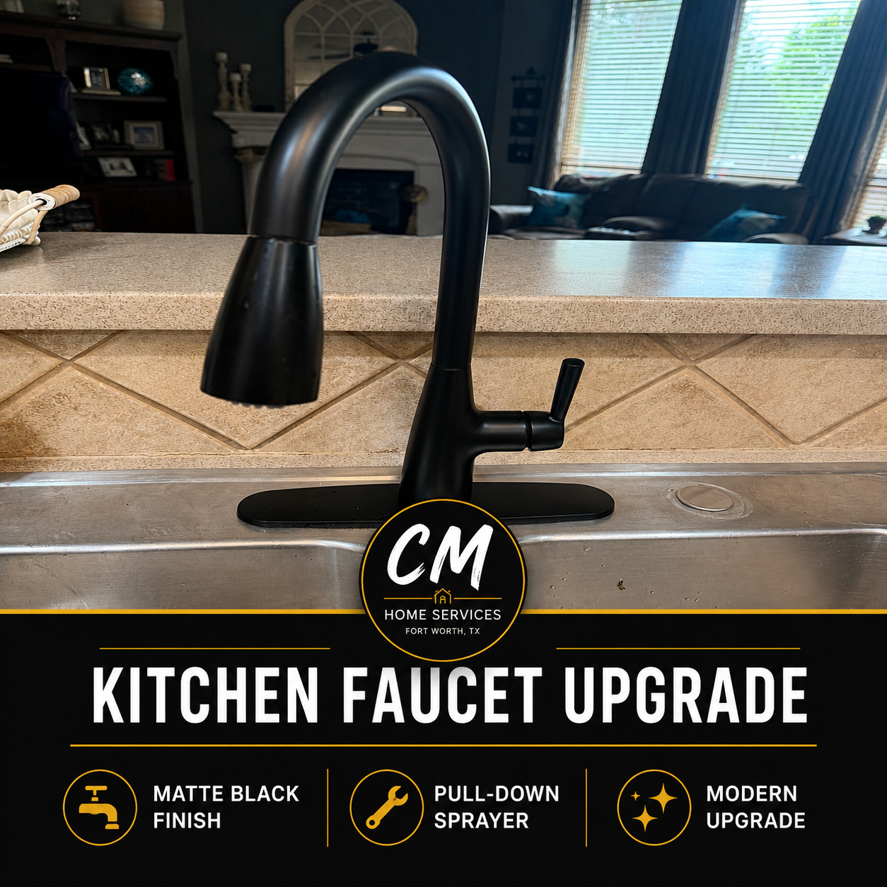 Matte black finish with a pull-down sprayer for a clean, modern upgrade.