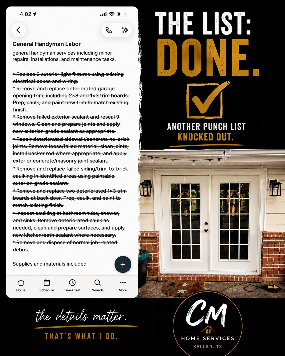 The List: Done - a finished punch list next to the completed French door work