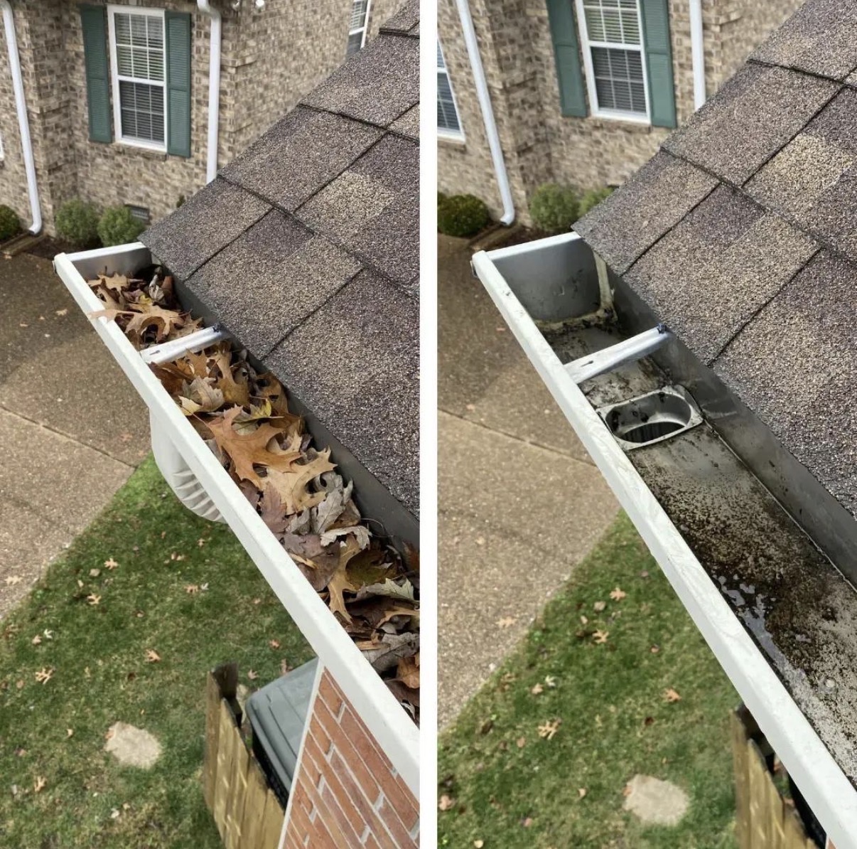 Packed with leaves and debris, flushed clean and flowing freely.