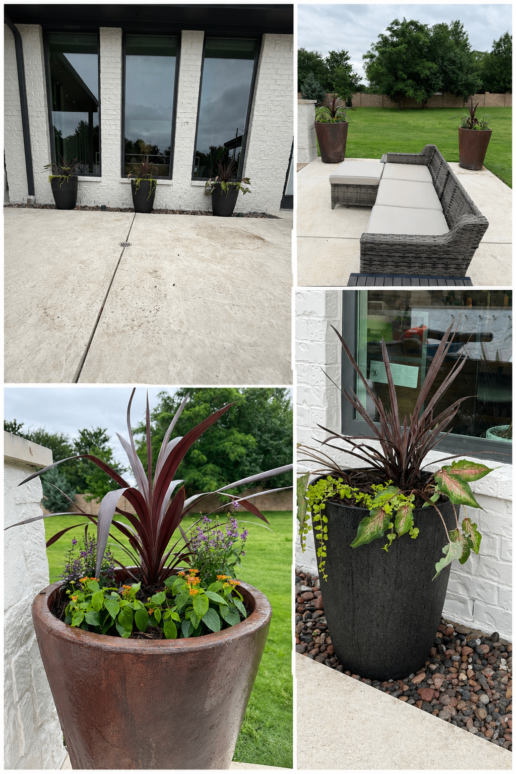 Statement planters with mixed seasonal plantings.