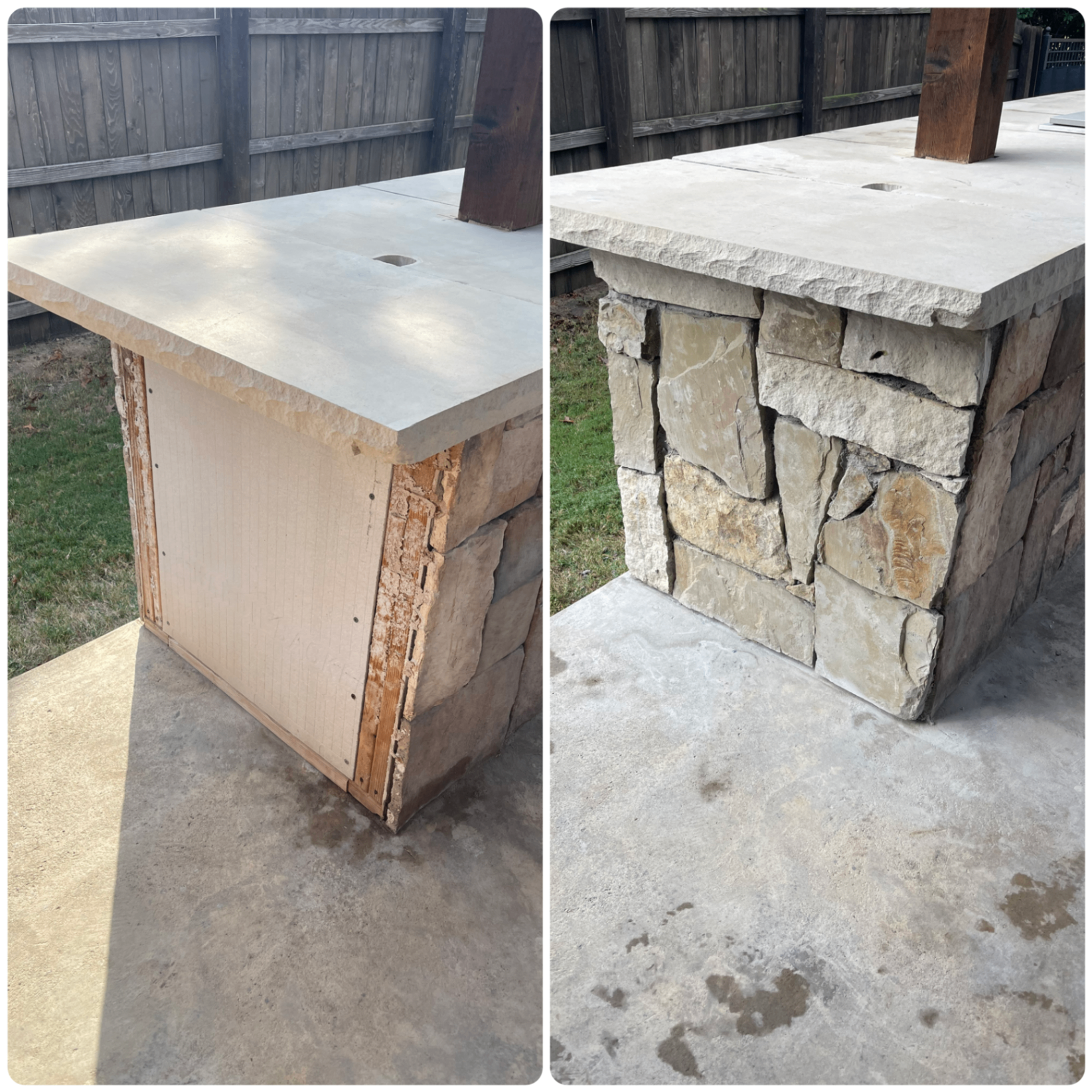 Stripped-down grill island re-clad in hand-fit natural stone — before & after.