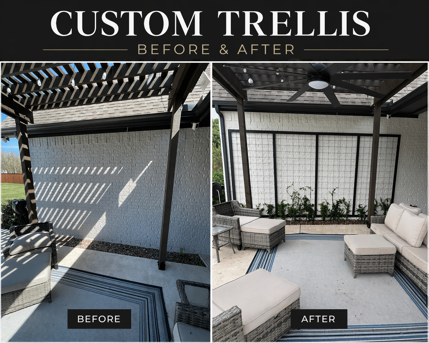Built and installed to soften a blank brick wall — before & after.